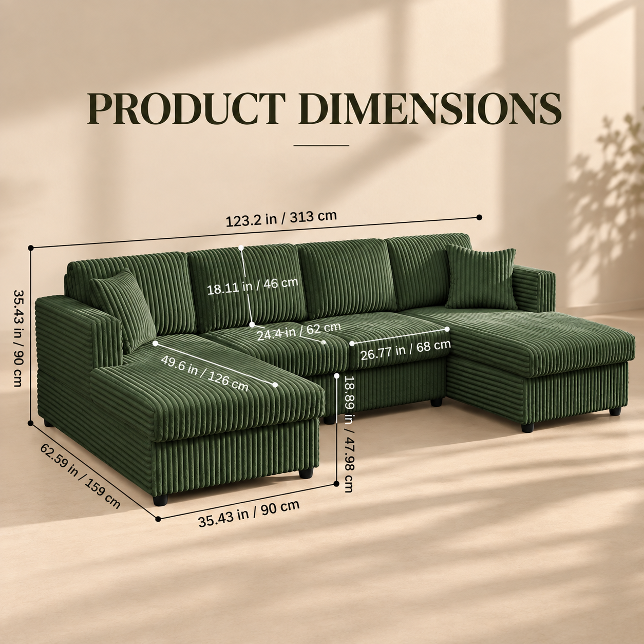 123-Inch Green Corduroy U-Shaped Sectional Sofa – view 5